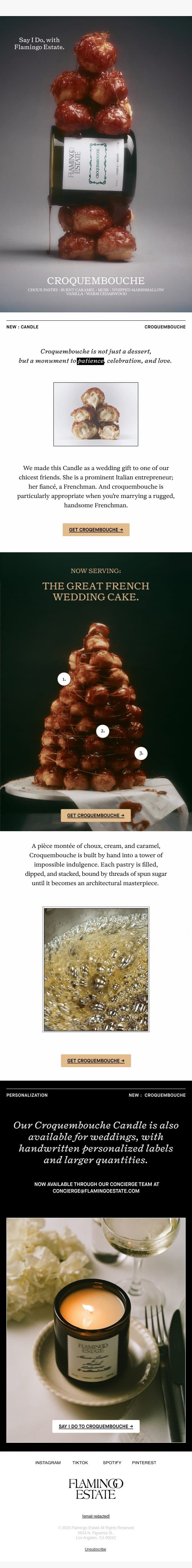 INTRODUCING CROQUEMBOUCHE CANDLE email from Flamingo Estate screenshot