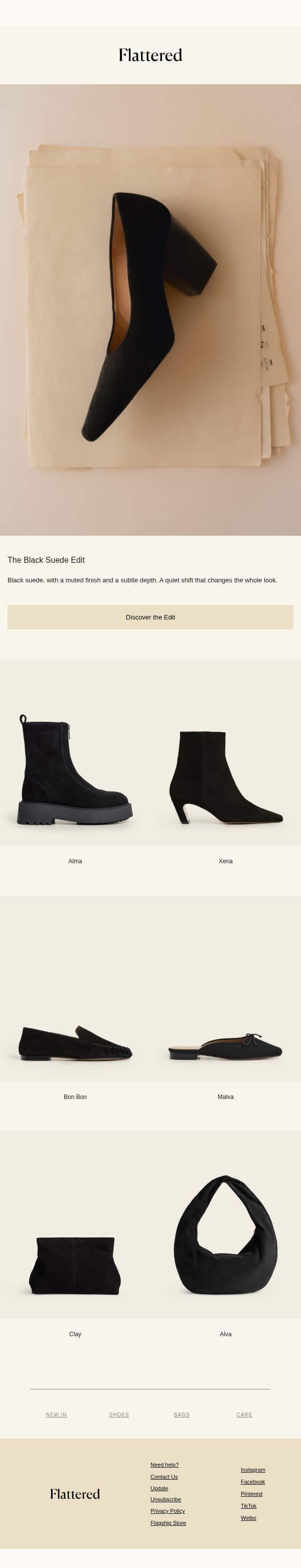 The Black Suede Edit email from Flattered screenshot