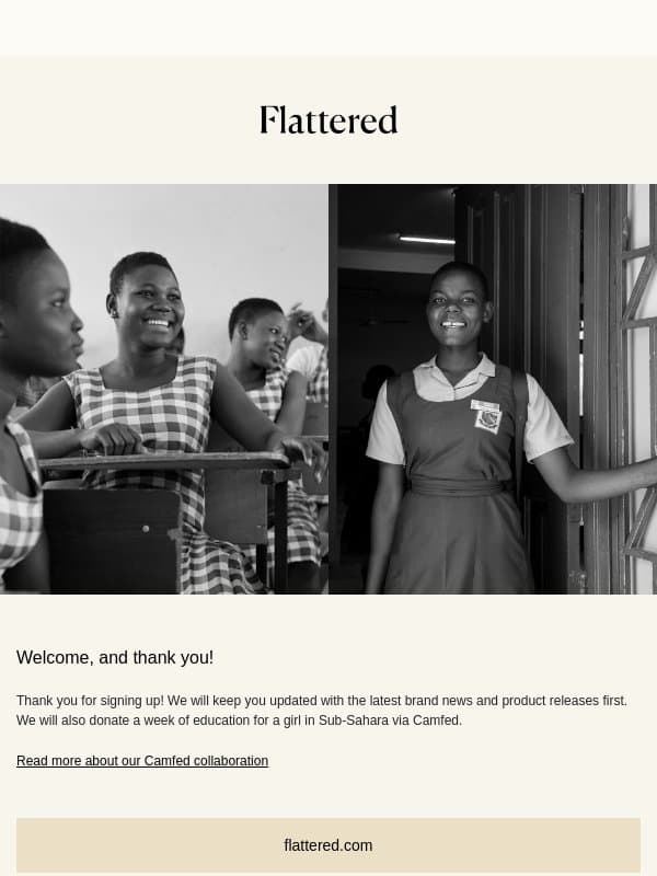Thank you for signing up email from Flattered