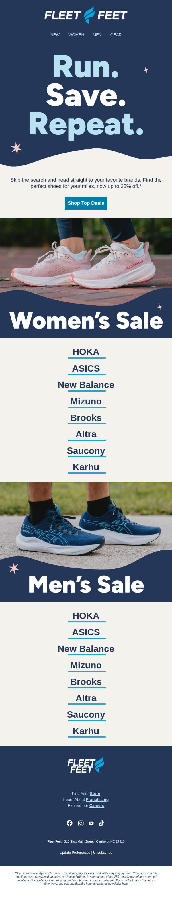 Less searching, more saving email from Fleet Feet screenshot