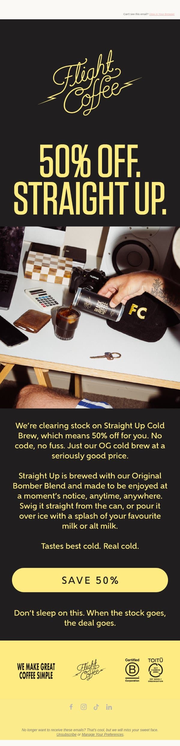 50% off Straight Up Cold Brew 🚨 email from Flight Coffee screenshot