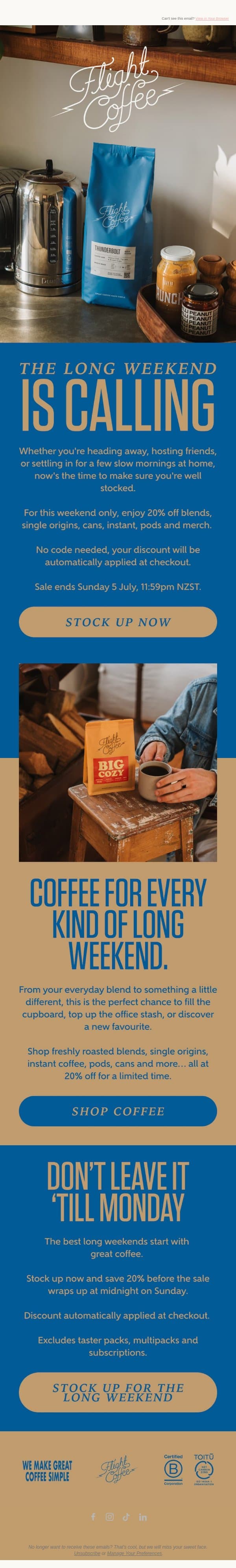 Long weekend plans? We’ve got the coffee covered. email from Flight Coffee screenshot
