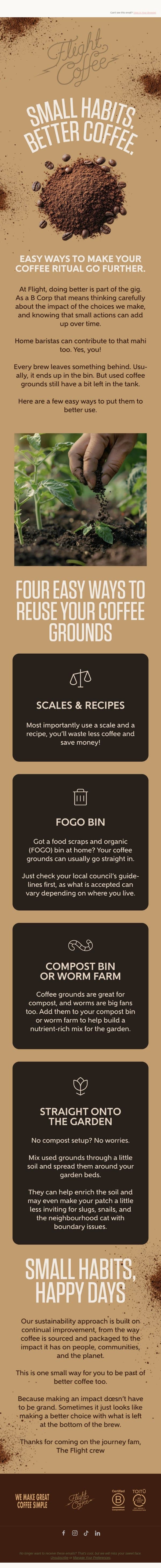Don’t chuck your coffee grounds. Do this instead ☕ email from Flight Coffee screenshot