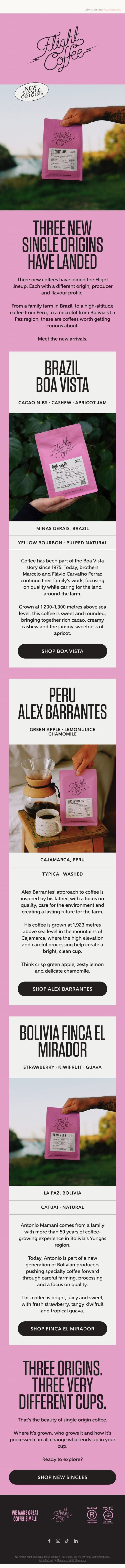 Three new coffees. Three very different cups. email from Flight Coffee screenshot