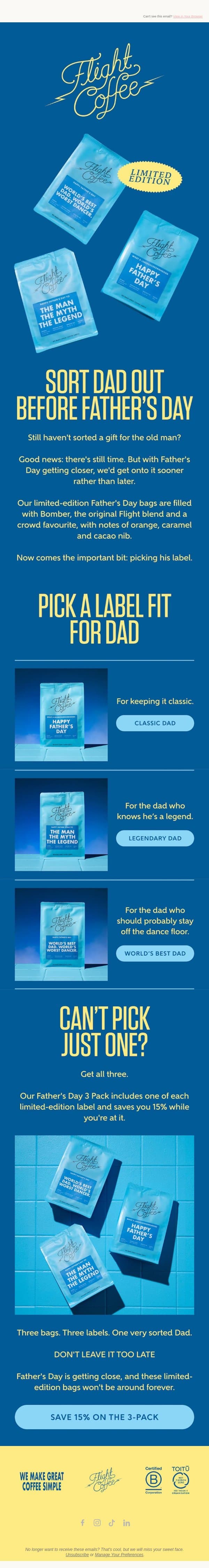 Dad’s Coffee Is Still Up For Grabs email from Flight Coffee screenshot