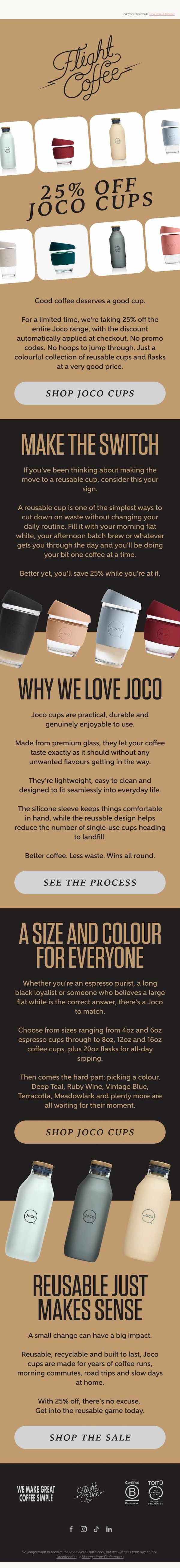 Ditch the disposable. Joco is 25% off right now.covered. email from Flight Coffee screenshot