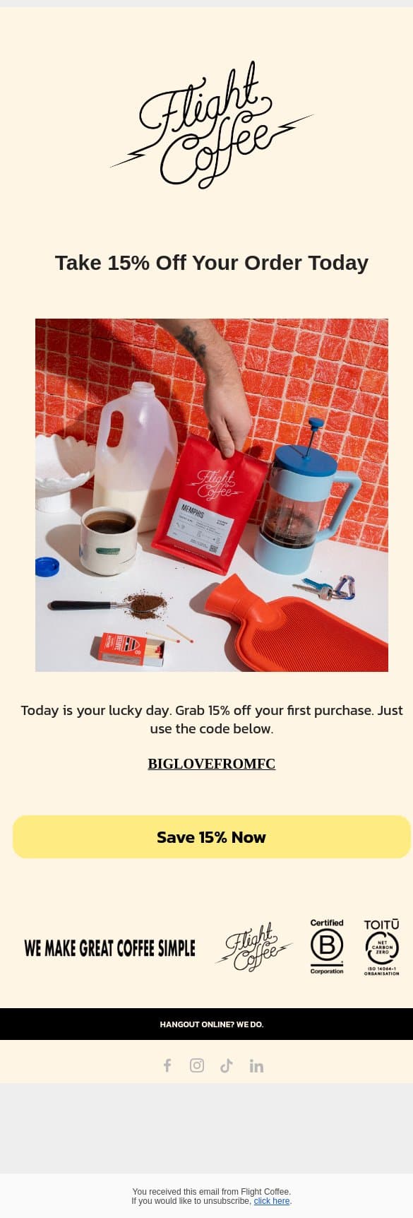 Take 15% off your first order! email from Flight Coffee screenshot