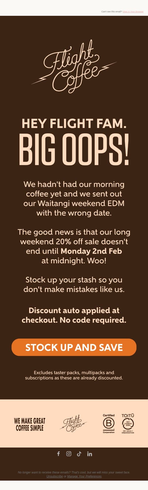 Big oops! We made a mistake. email from Flight Coffee screenshot