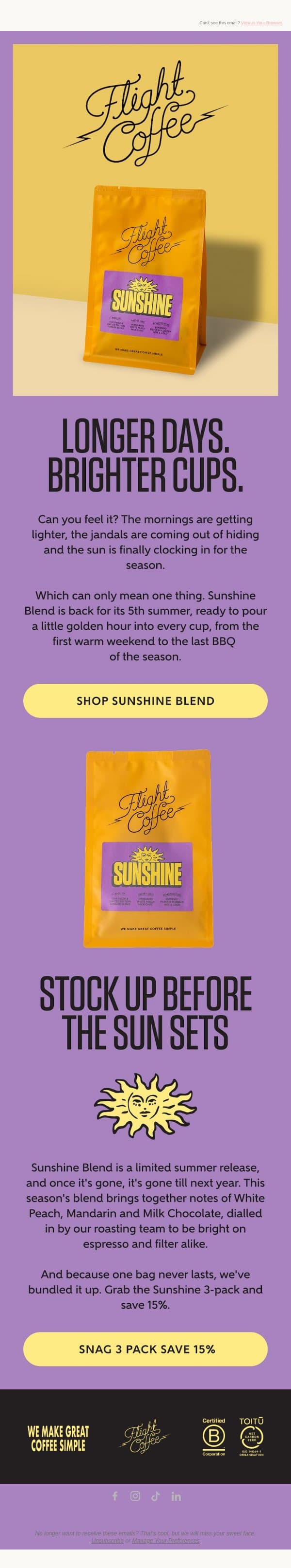 Sunshine Blend is back ☀️☀️☀️ email from Flight Coffee screenshot