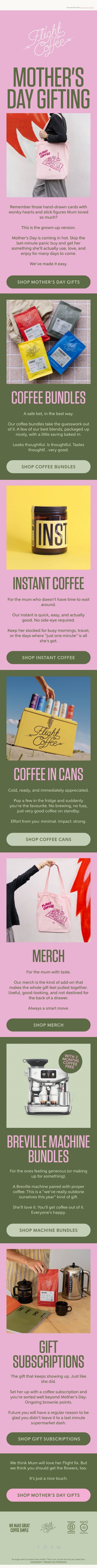 Mother’s Day sorted. You’re welcome 💞 email from Flight Coffee screenshot