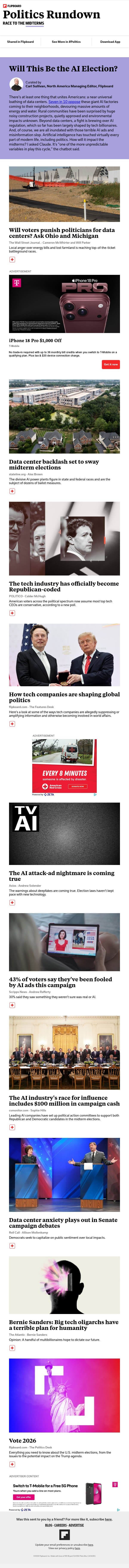 How will data center backlash impact the midterms? email from Flipboard screenshot