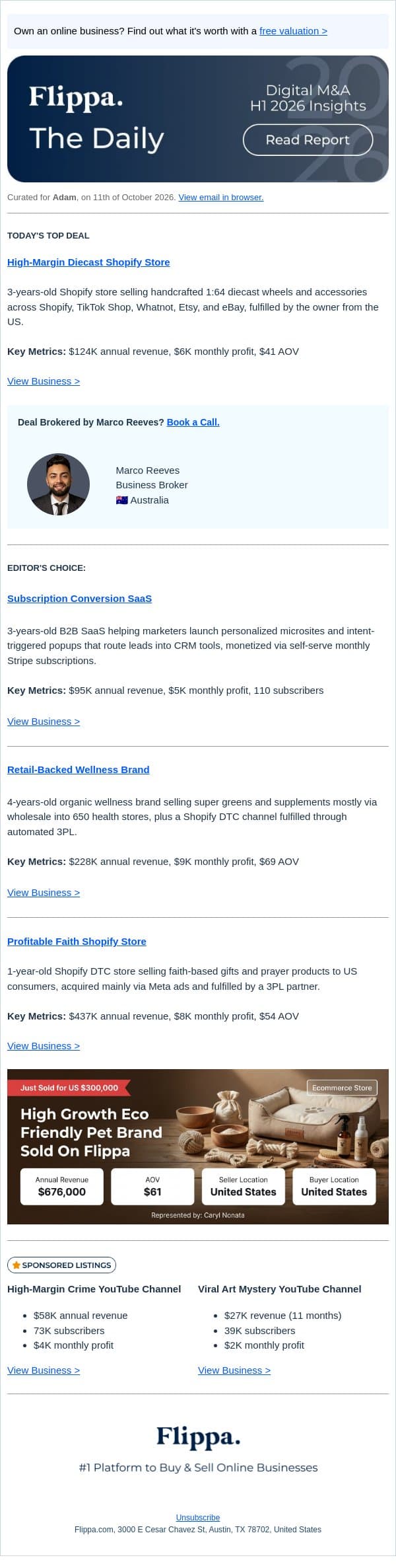 66% Margin Diecast Shopify Store + $95K Conversion SaaS email from Flippa screenshot