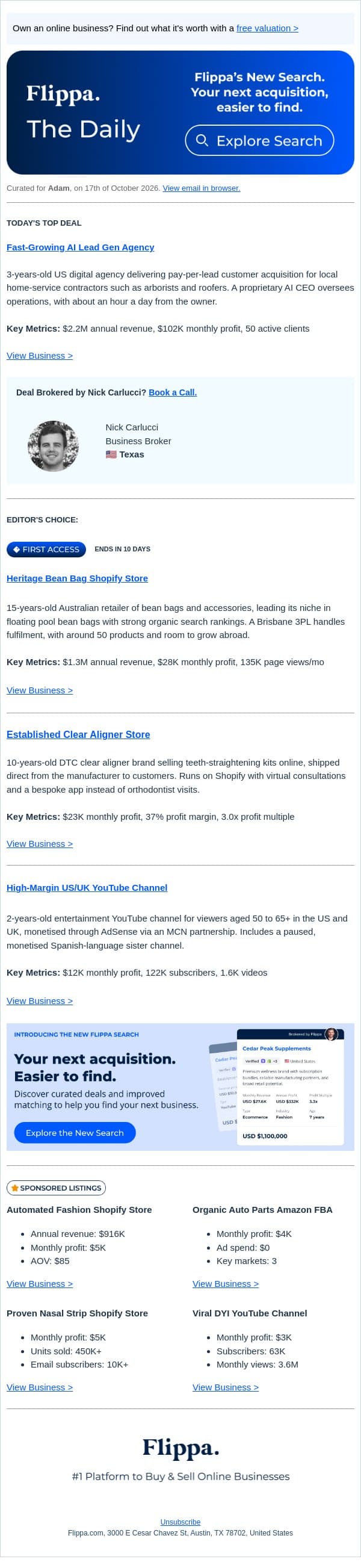 $2.2M AI Lead Gen Agency + 15-Yr Bean Bag Shopify Store email from Flippa screenshot