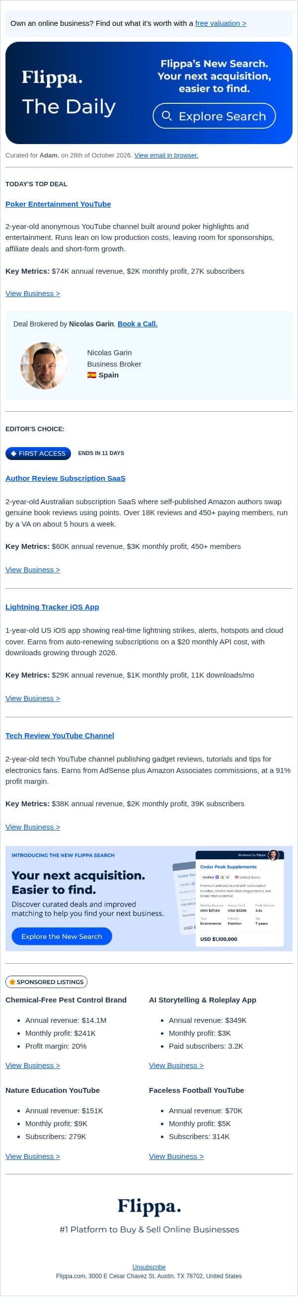 2-Yr Poker YouTube Channel + 450-Member Author Review SaaS email from Flippa screenshot