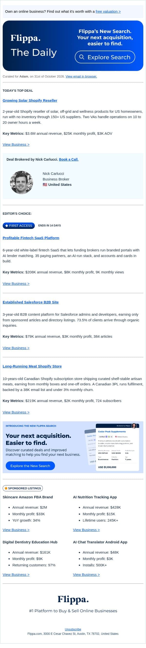 $3.6M Revenue Solar Shopify Store + 6-Yr Fintech SaaS email from Flippa screenshot