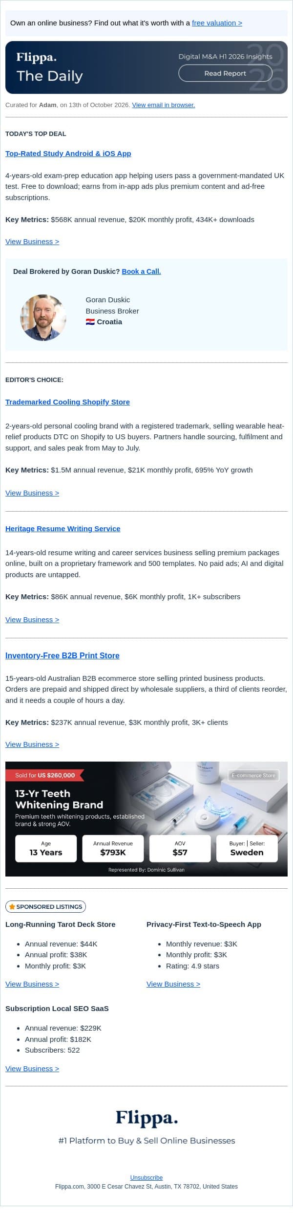434K-Download Study App + $1.5M Cooling Shopify Store email from Flippa screenshot