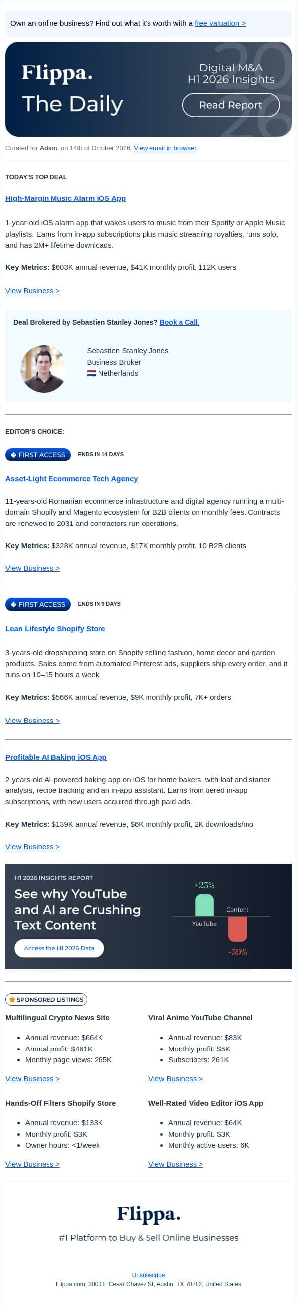 $603K Music Alarm iOS App + 11-Yr Ecommerce Tech Agency email from Flippa screenshot