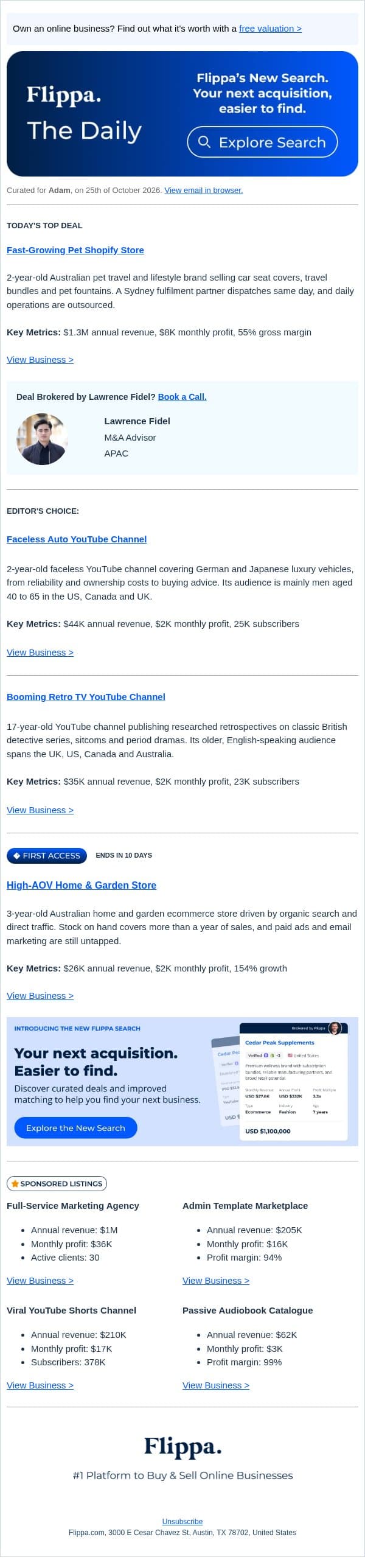 $1.3M Pet Shopify Store + 25K-Sub Auto YouTube Channel email from Flippa screenshot