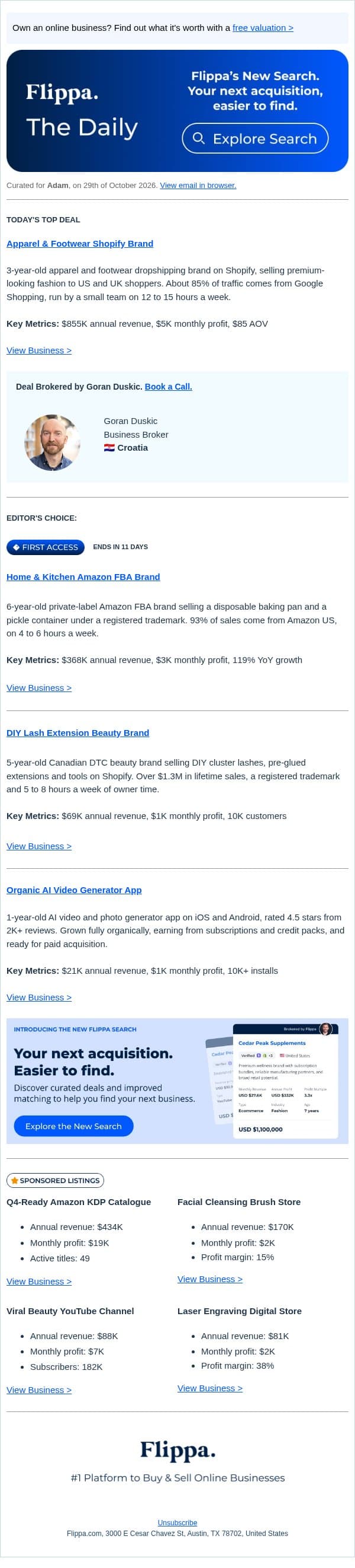 $855K Revenue Fashion Store + 6-Yr Amazon FBA Kitchen Brand email from Flippa screenshot