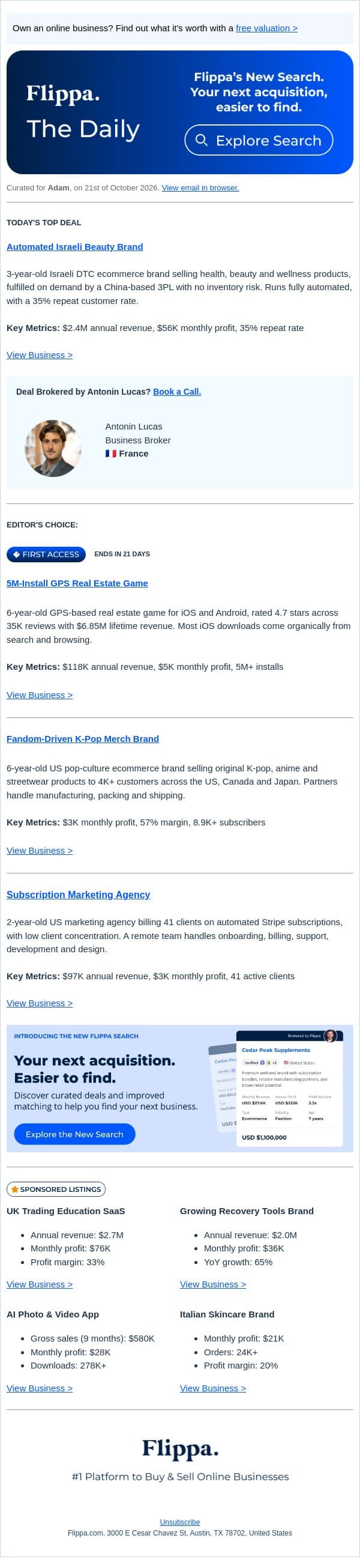 $2.4M Automated Beauty Brand + 5M-Install GPS Real Estate Game email from Flippa screenshot