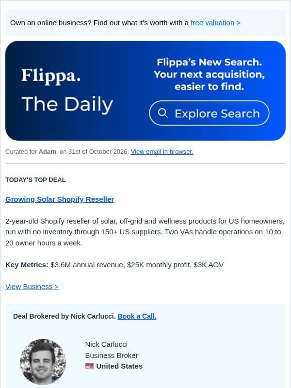 $3.6M Revenue Solar Shopify Store + 6-Yr Fintech SaaS email from Flippa