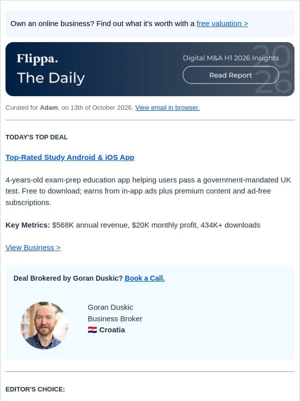 434K-Download Study App + $1.5M Cooling Shopify Store email from Flippa