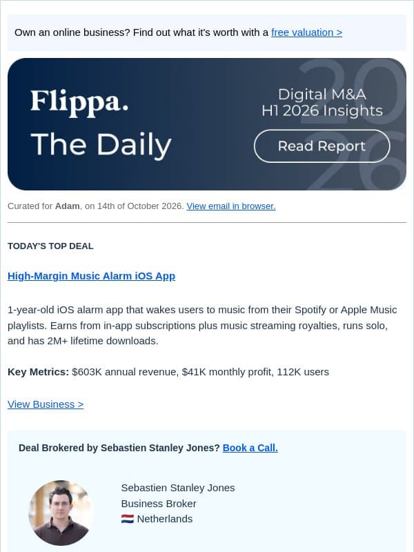 $603K Music Alarm iOS App + 11-Yr Ecommerce Tech Agency email from Flippa