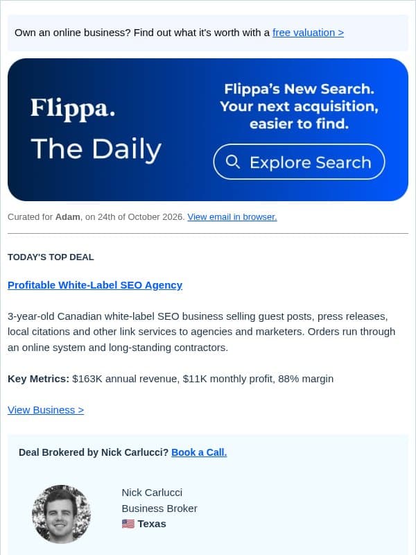 $163K White-Label SEO Agency + 4-Yr Amazon KDP Portfolio email from Flippa
