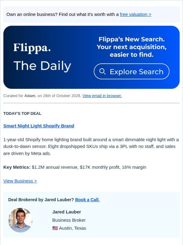 $1.2M Smart Night Light Shopify Brand + 4.6-Star Screen Mirroring iOS App email from Flippa