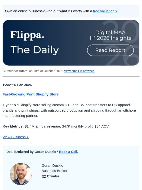 $1.4M Print Shopify Store + $8K-AOV Electrical Shopify Store email from Flippa