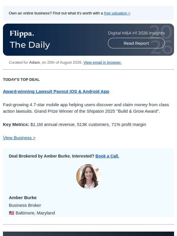 $1.1M Annual Rev Lawsuit Payout App + 61% Repeat Buyers Gut Health Brand email from Flippa