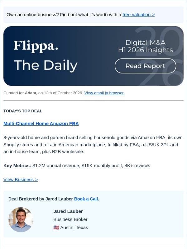 $1.2M Home Amazon FBA + 10-Yr Motorbike Shopify Store email from Flippa