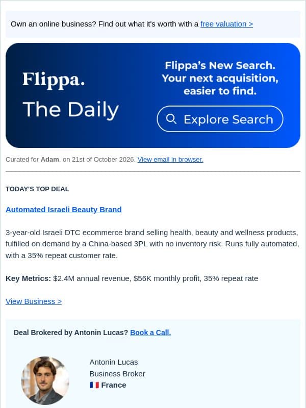 $2.4M Automated Beauty Brand + 5M-Install GPS Real Estate Game email from Flippa