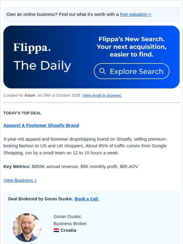 $855K Revenue Fashion Store + 6-Yr Amazon FBA Kitchen Brand email from Flippa