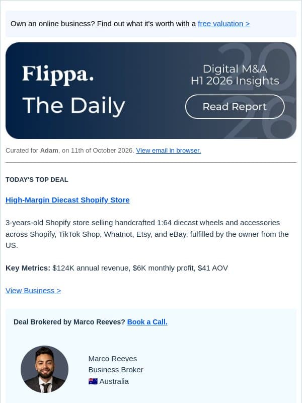 66% Margin Diecast Shopify Store + $95K Conversion SaaS email from Flippa