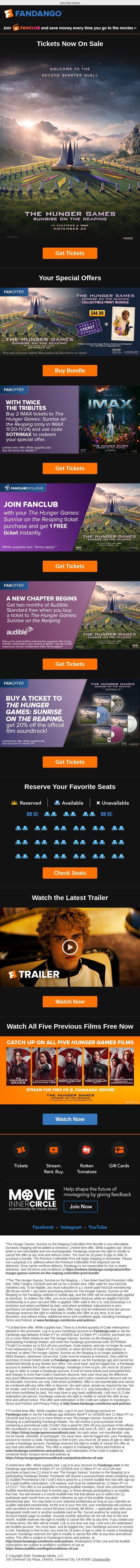 Get Tickets – The Hunger Games: Sunrise on the Reaping email from Flixster screenshot