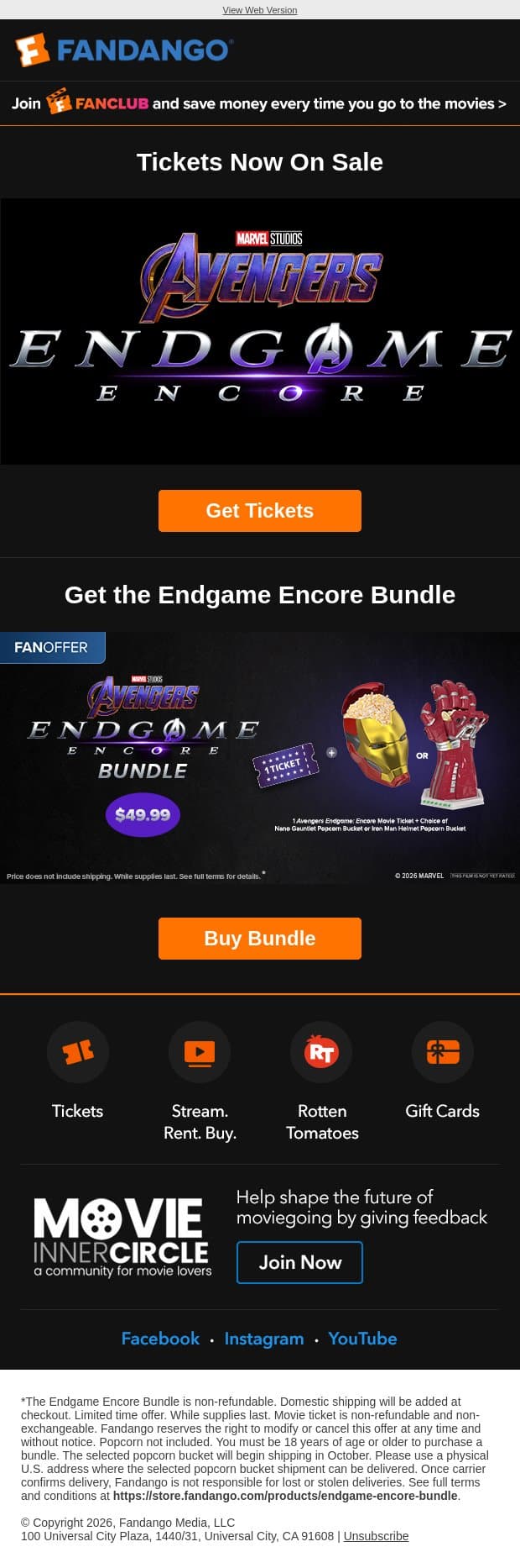 Get Tickets | Avengers Endgame: Encore email from Flixster screenshot