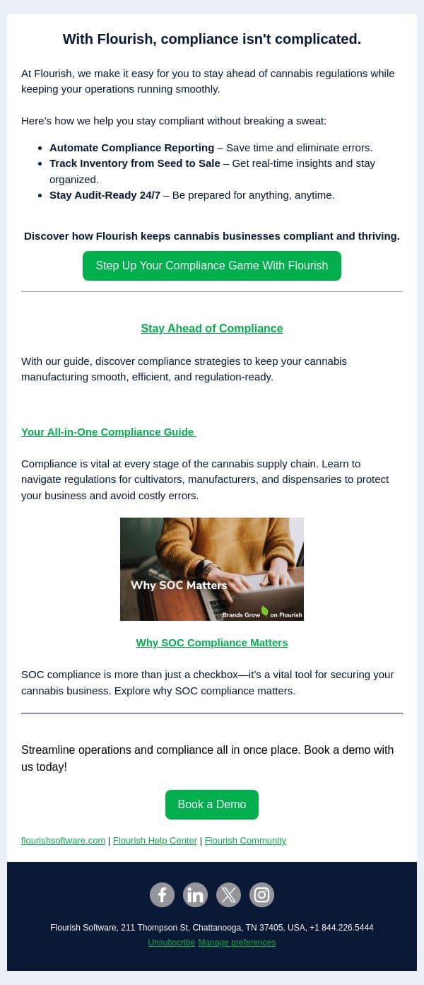 Cannabis Compliance with Style✨ email from Flourish Software screenshot