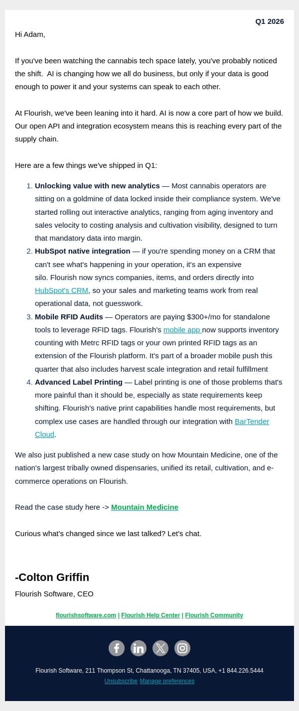 AI is quietly reshaping cannabis operations email from Flourish Software screenshot