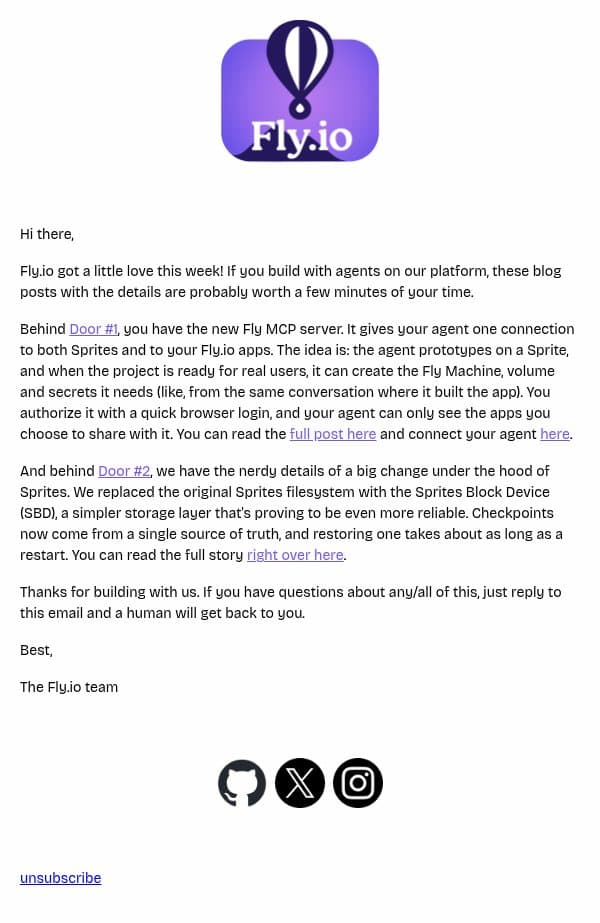 New from Fly.io email from Fly.io screenshot