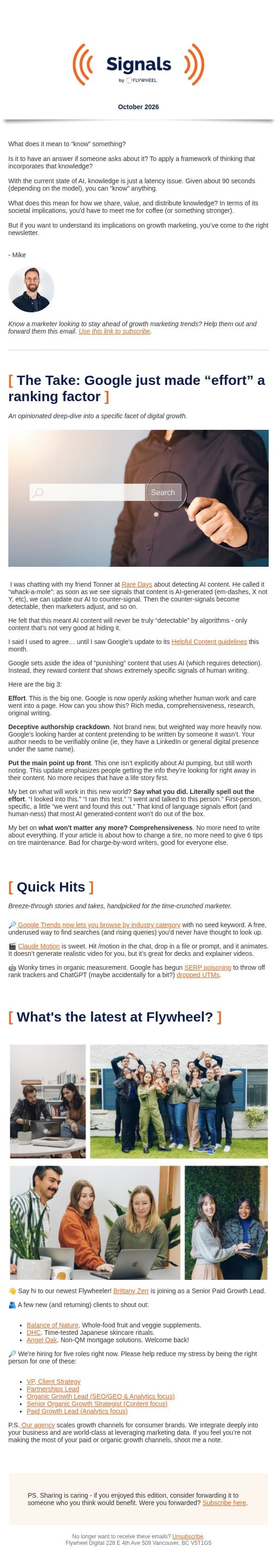 📡: Google just made “effort” a ranking factor. What does this mean? email from Flywheel screenshot