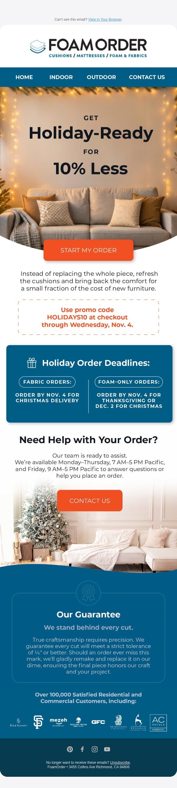 10% Holiday Savings Are Here 🎁 email from FoamOrder screenshot