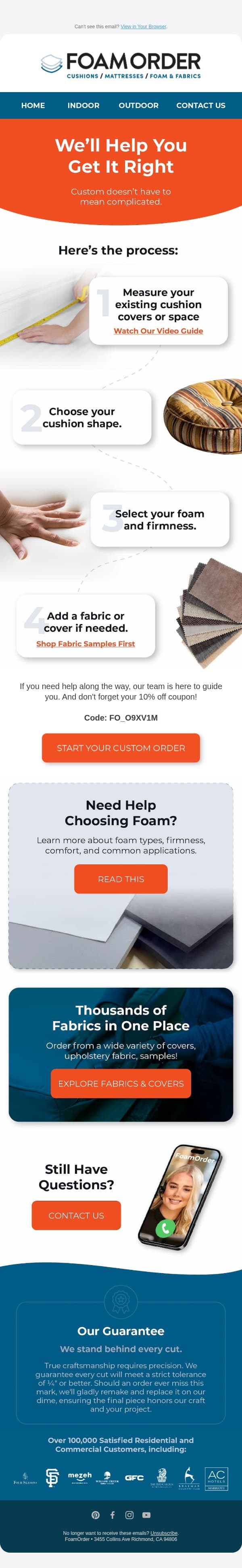 Customizing Your Order Easy email from FoamOrder screenshot