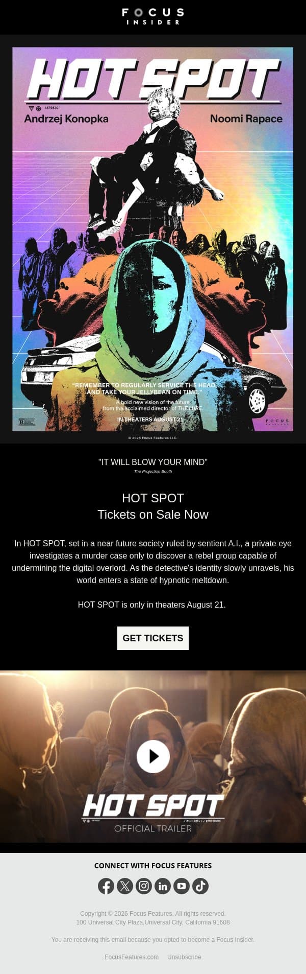 Get Tickets Now for HOT SPOT email from Focus Features screenshot