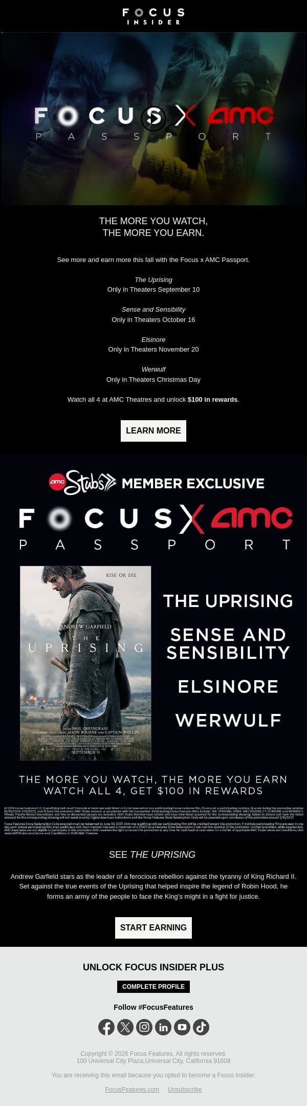 The Focus x AMC Passport Program 🍿✨ email from Focus Features screenshot