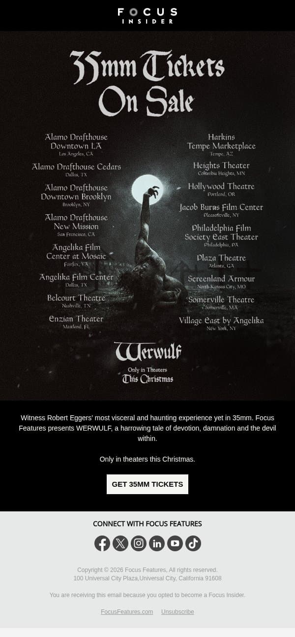 WERWULF 35mm Tickets On Sale Now email from Focus Features screenshot
