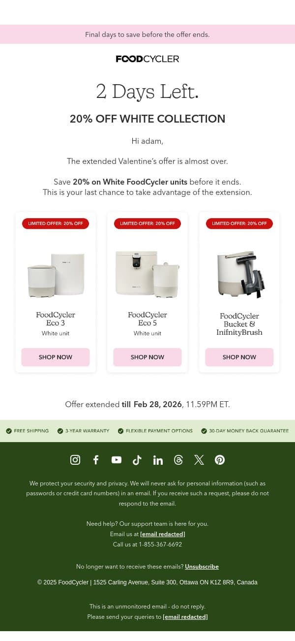 2 Days Left β 20% Off White Collection π email from Food Cycler screenshot
