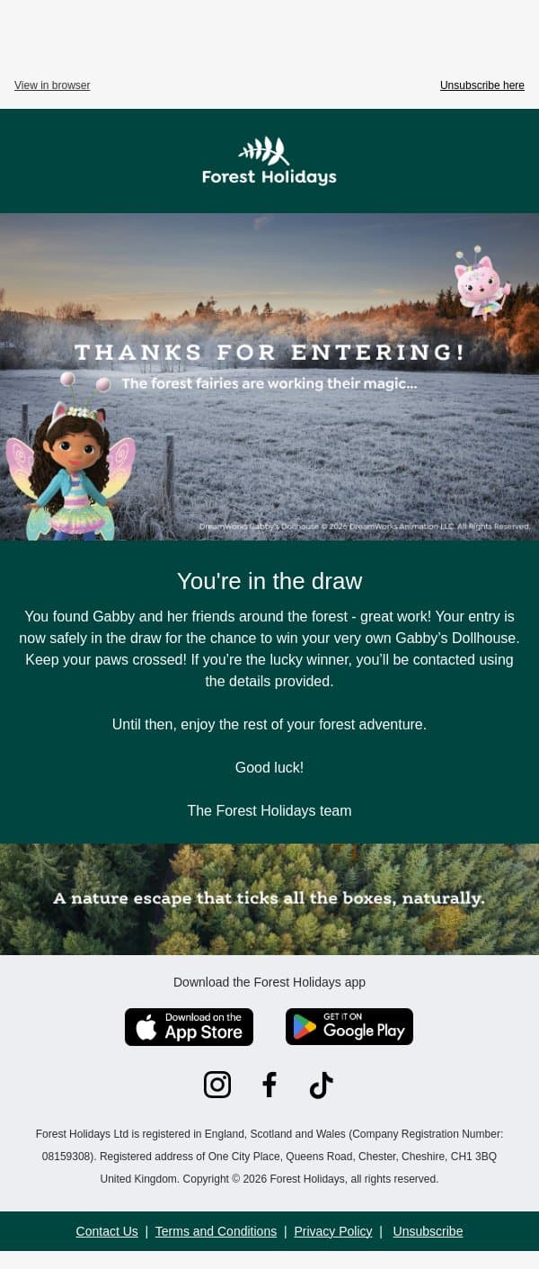 Thanks for entering - you're in the draw email from Forest Holidays screenshot