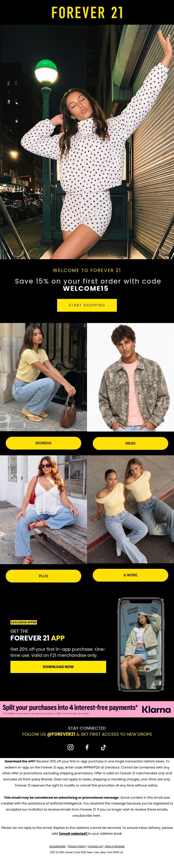 You’re Officially In! Welcome to Forever 21 💛 email from Forever 21 screenshot