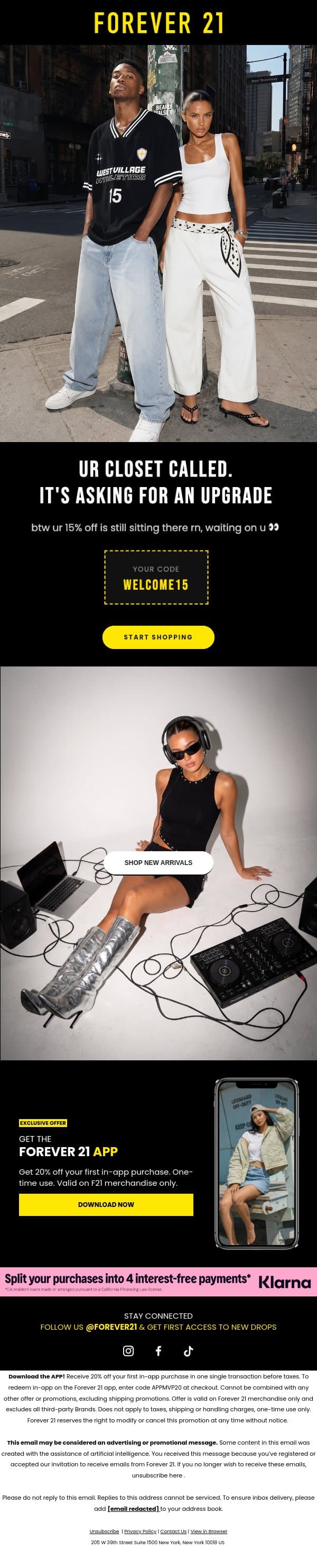 You belong here! Your 15% off does too ✨ email from Forever 21 screenshot